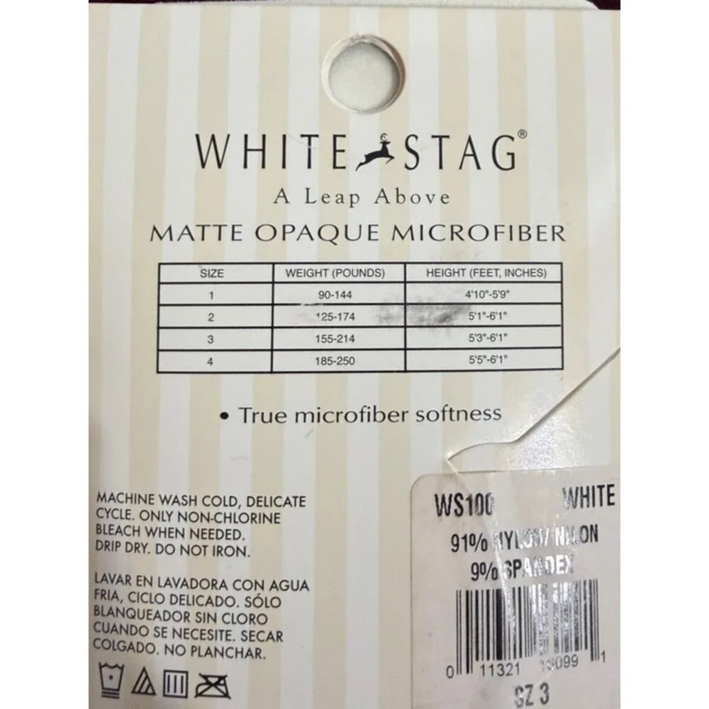 White Stag Cream Matte Opaque Microfiber Tights Hosiery Size 3 NWT